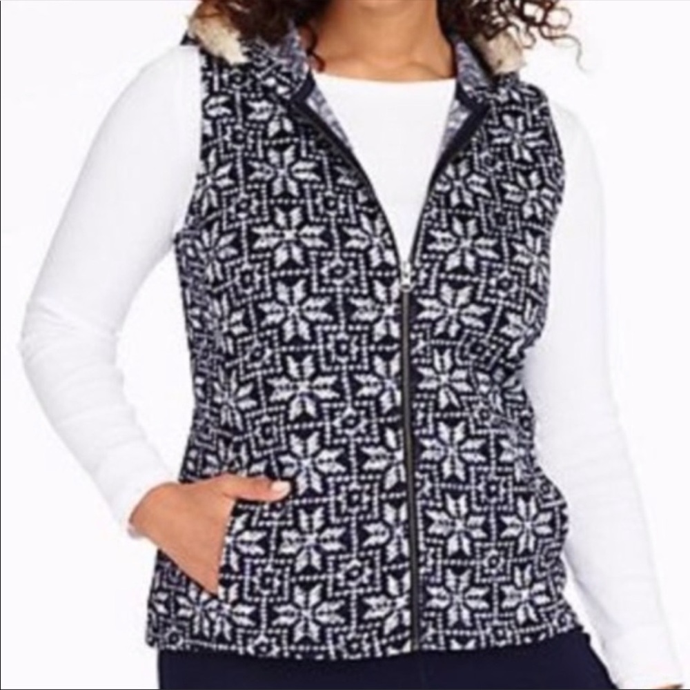 Talbots Blue Fair Isle Zip Faux Fur Hooded Vest